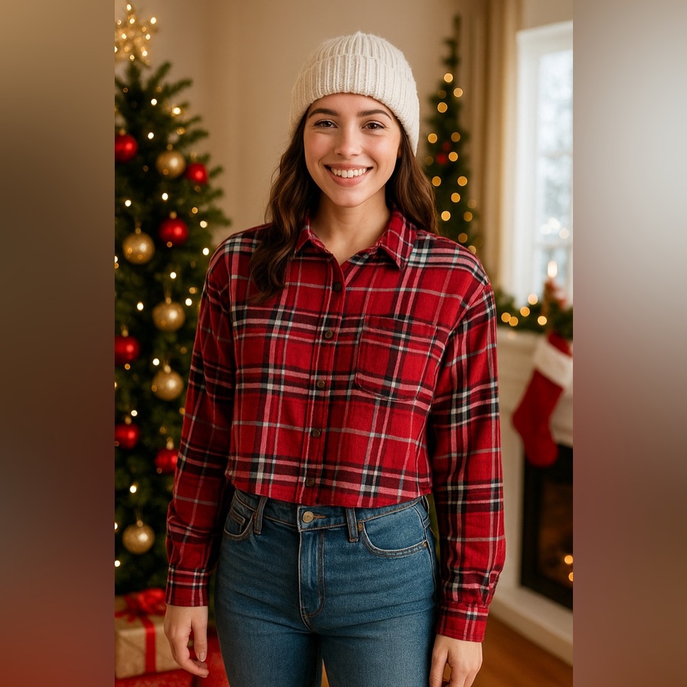 Love Tree Red Plaid Cropped Flannel Button Down Shirt Size Large